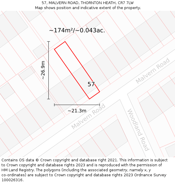 57, MALVERN ROAD, THORNTON HEATH, CR7 7LW: Plot and title map