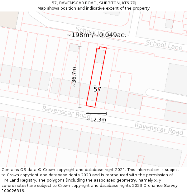 57, RAVENSCAR ROAD, SURBITON, KT6 7PJ: Plot and title map