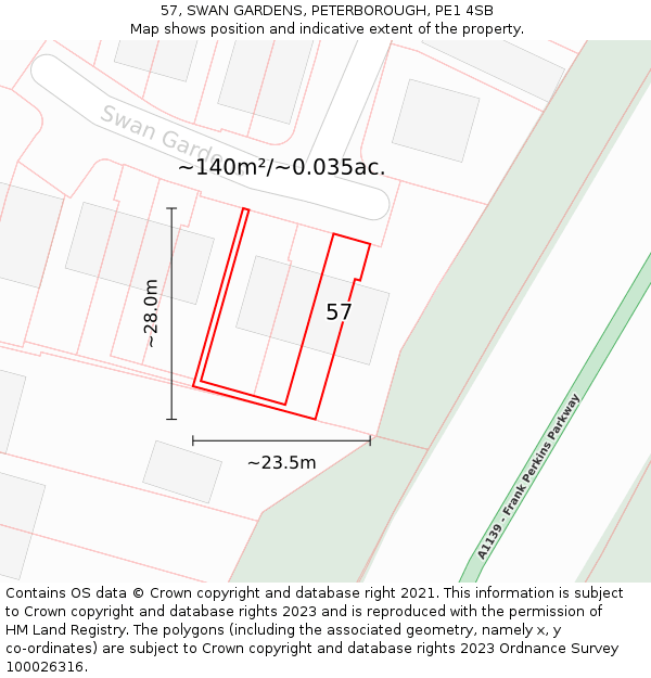 57, SWAN GARDENS, PETERBOROUGH, PE1 4SB: Plot and title map