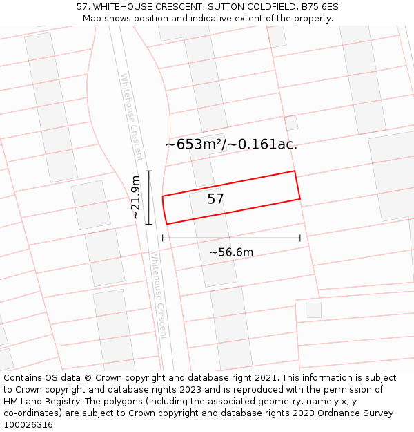 57, WHITEHOUSE CRESCENT, SUTTON COLDFIELD, B75 6ES: Plot and title map