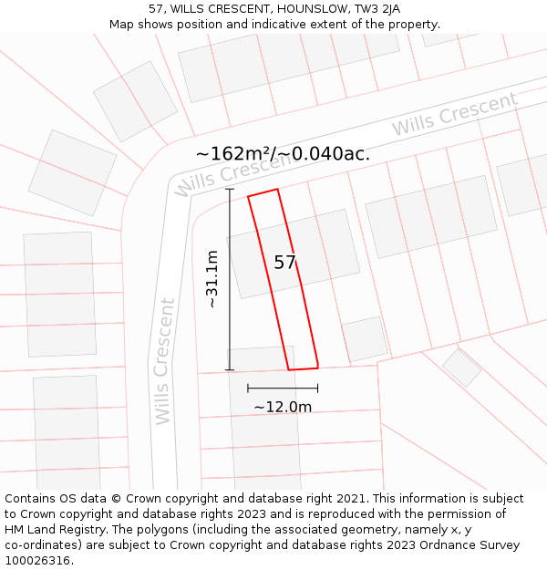 57, WILLS CRESCENT, HOUNSLOW, TW3 2JA: Plot and title map