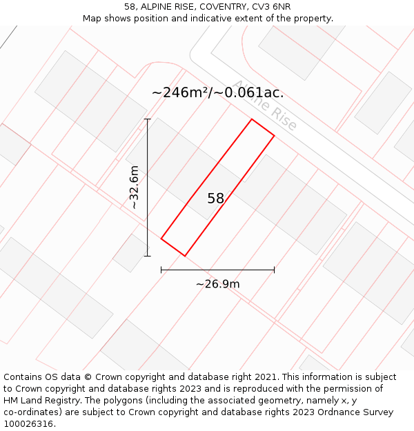 58, ALPINE RISE, COVENTRY, CV3 6NR: Plot and title map