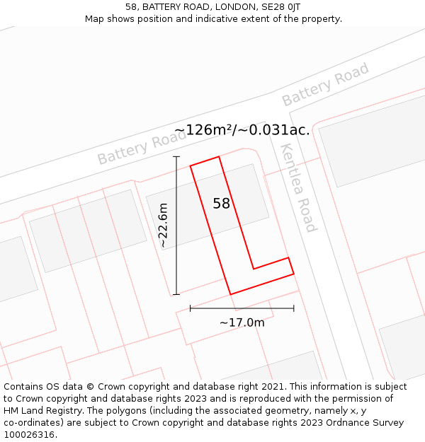 58, BATTERY ROAD, LONDON, SE28 0JT: Plot and title map