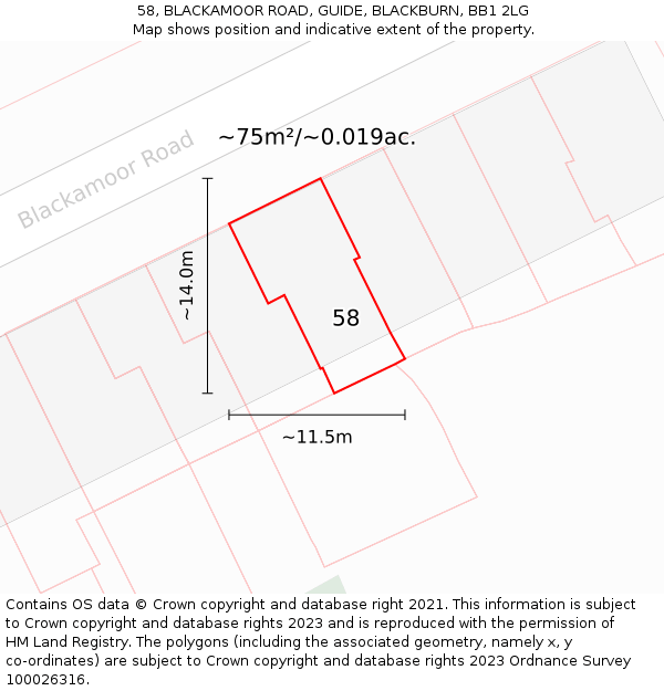 58, BLACKAMOOR ROAD, GUIDE, BLACKBURN, BB1 2LG: Plot and title map