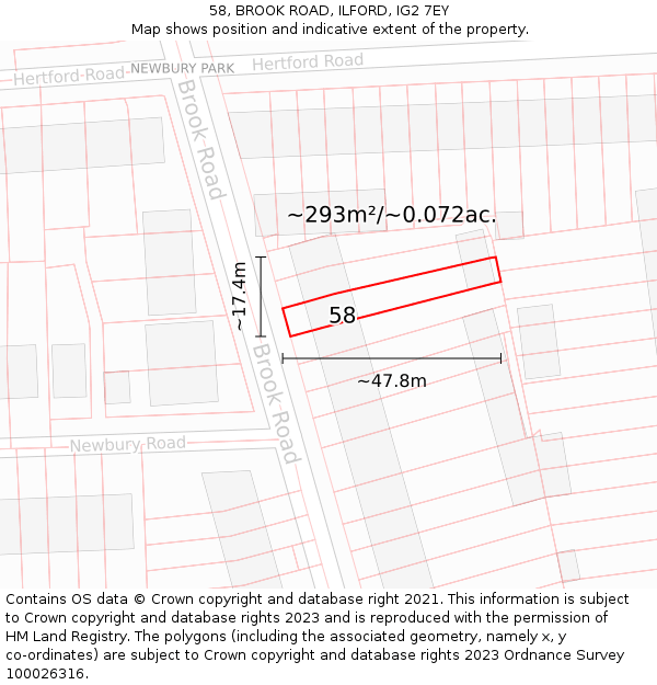 58, BROOK ROAD, ILFORD, IG2 7EY: Plot and title map