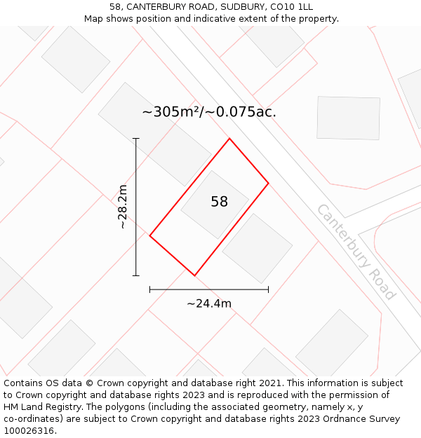 58, CANTERBURY ROAD, SUDBURY, CO10 1LL: Plot and title map