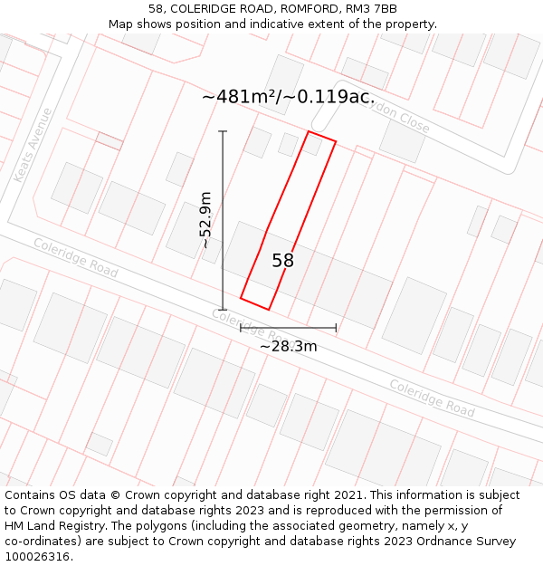 58, COLERIDGE ROAD, ROMFORD, RM3 7BB: Plot and title map