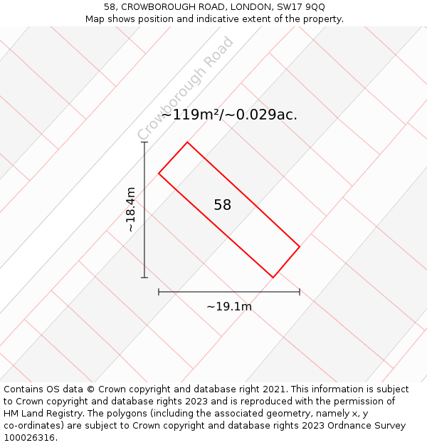 58, CROWBOROUGH ROAD, LONDON, SW17 9QQ: Plot and title map