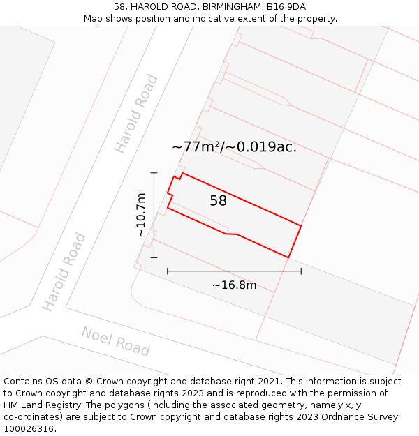 58, HAROLD ROAD, BIRMINGHAM, B16 9DA: Plot and title map