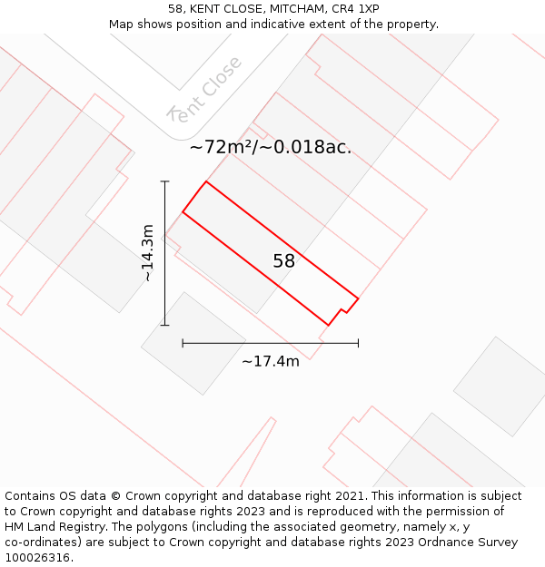 58, KENT CLOSE, MITCHAM, CR4 1XP: Plot and title map