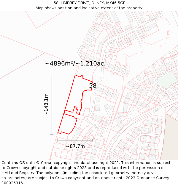 58, LIMBREY DRIVE, OLNEY, MK46 5GF: Plot and title map