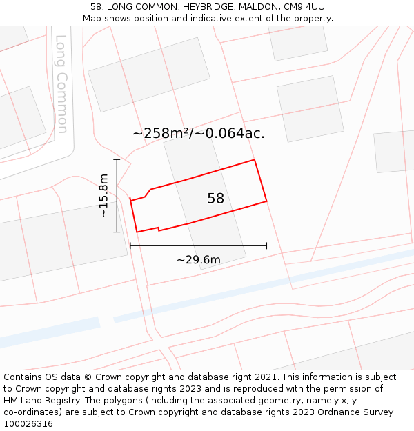 58, LONG COMMON, HEYBRIDGE, MALDON, CM9 4UU: Plot and title map