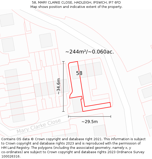 58, MARY CLARKE CLOSE, HADLEIGH, IPSWICH, IP7 6FD: Plot and title map
