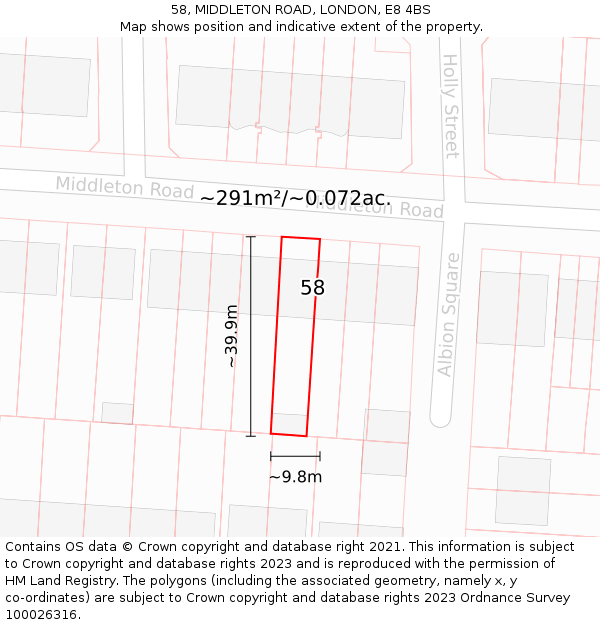 58, MIDDLETON ROAD, LONDON, E8 4BS: Plot and title map