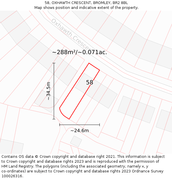 58, OXHAWTH CRESCENT, BROMLEY, BR2 8BL: Plot and title map