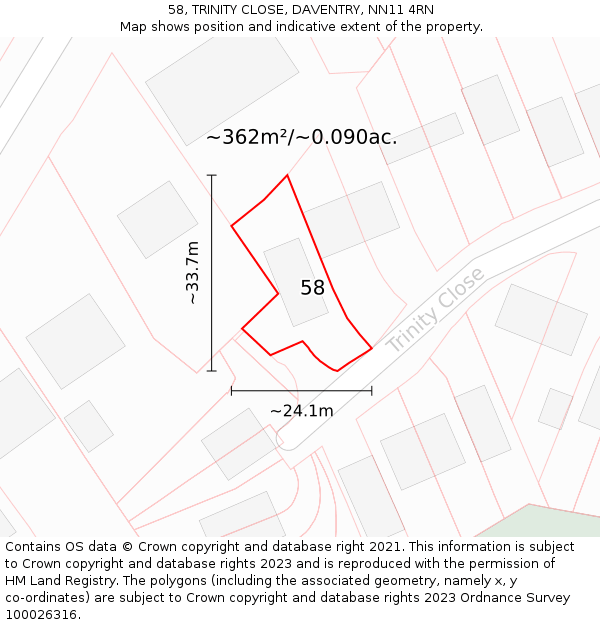 58, TRINITY CLOSE, DAVENTRY, NN11 4RN: Plot and title map