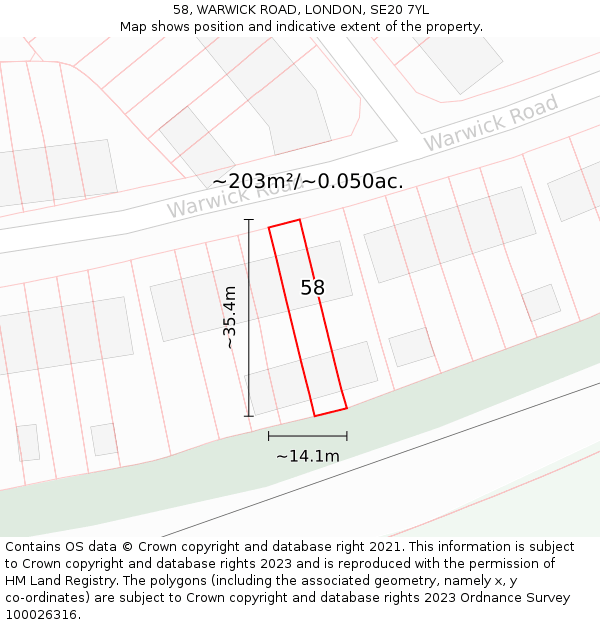 58, WARWICK ROAD, LONDON, SE20 7YL: Plot and title map
