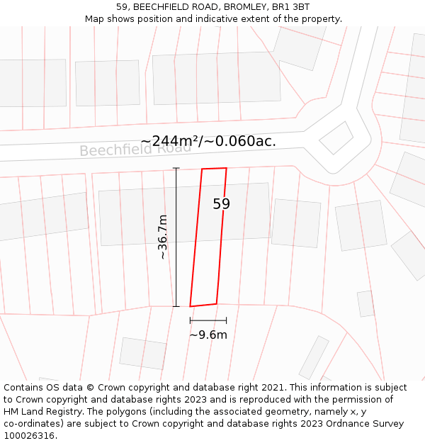 59, BEECHFIELD ROAD, BROMLEY, BR1 3BT: Plot and title map
