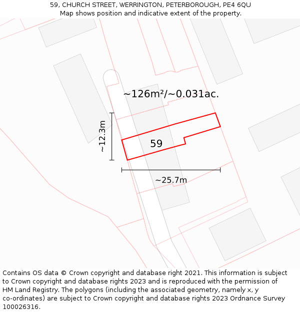 59, CHURCH STREET, WERRINGTON, PETERBOROUGH, PE4 6QU: Plot and title map