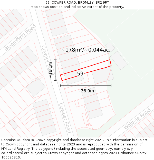 59, COWPER ROAD, BROMLEY, BR2 9RT: Plot and title map