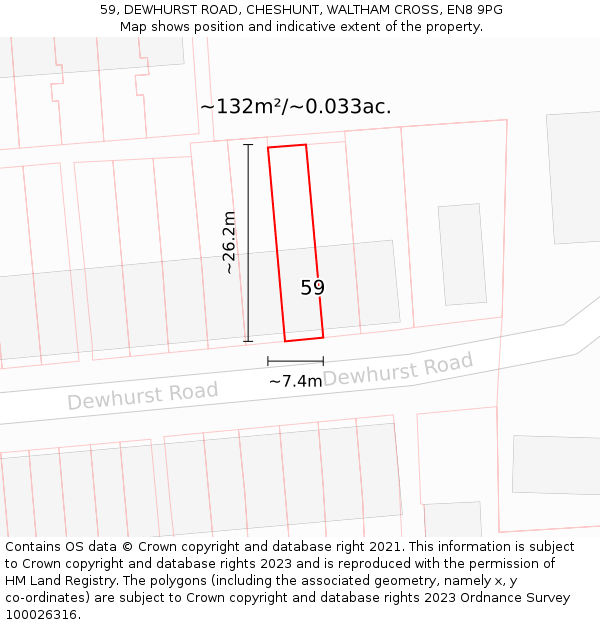 59, DEWHURST ROAD, CHESHUNT, WALTHAM CROSS, EN8 9PG: Plot and title map