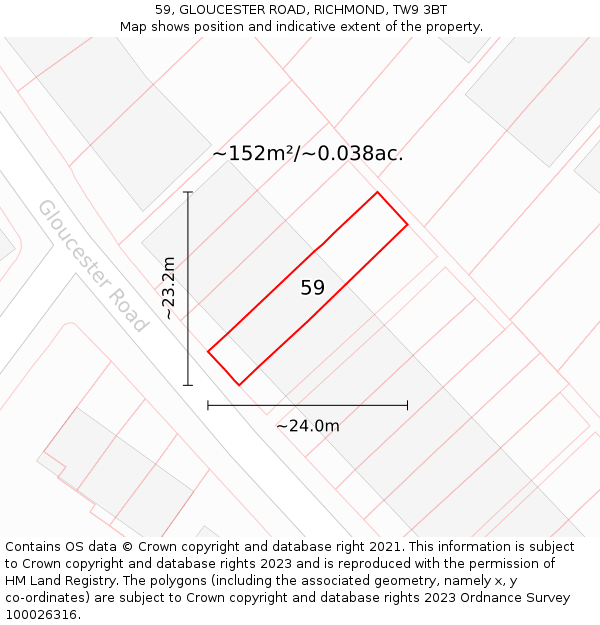 59, GLOUCESTER ROAD, RICHMOND, TW9 3BT: Plot and title map