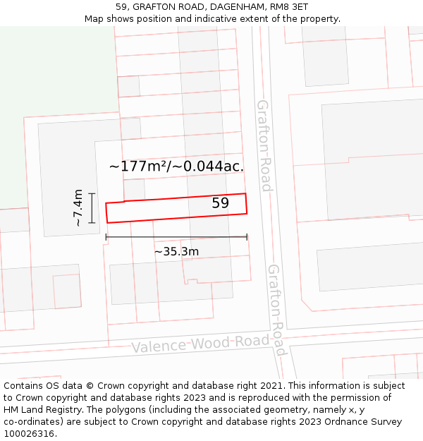 59, GRAFTON ROAD, DAGENHAM, RM8 3ET: Plot and title map