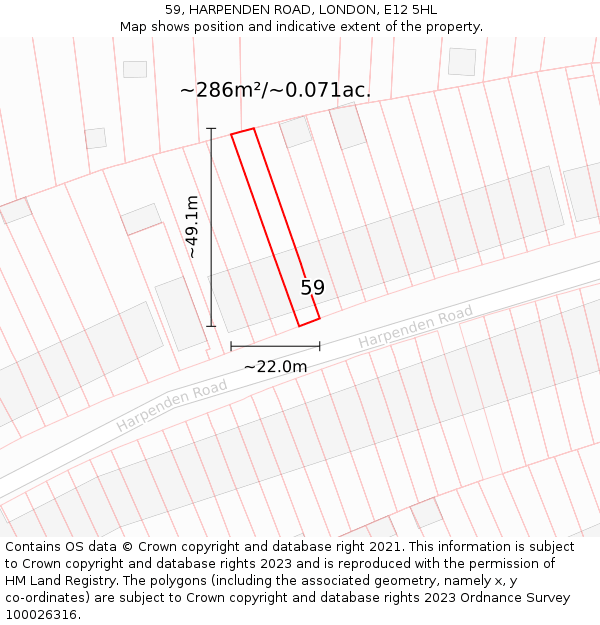 59, HARPENDEN ROAD, LONDON, E12 5HL: Plot and title map