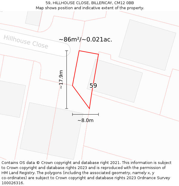 59, HILLHOUSE CLOSE, BILLERICAY, CM12 0BB: Plot and title map