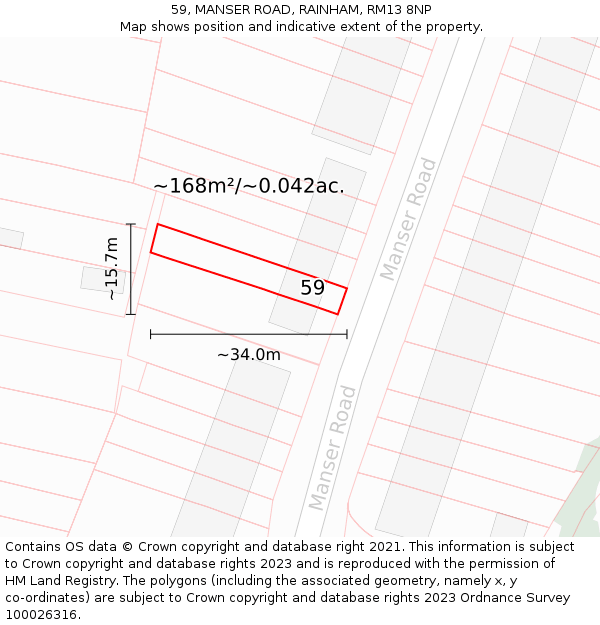 59, MANSER ROAD, RAINHAM, RM13 8NP: Plot and title map