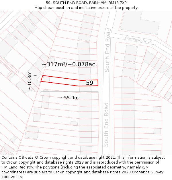 59, SOUTH END ROAD, RAINHAM, RM13 7XP: Plot and title map