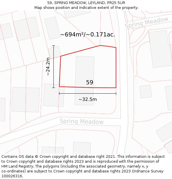 59, SPRING MEADOW, LEYLAND, PR25 5UR: Plot and title map