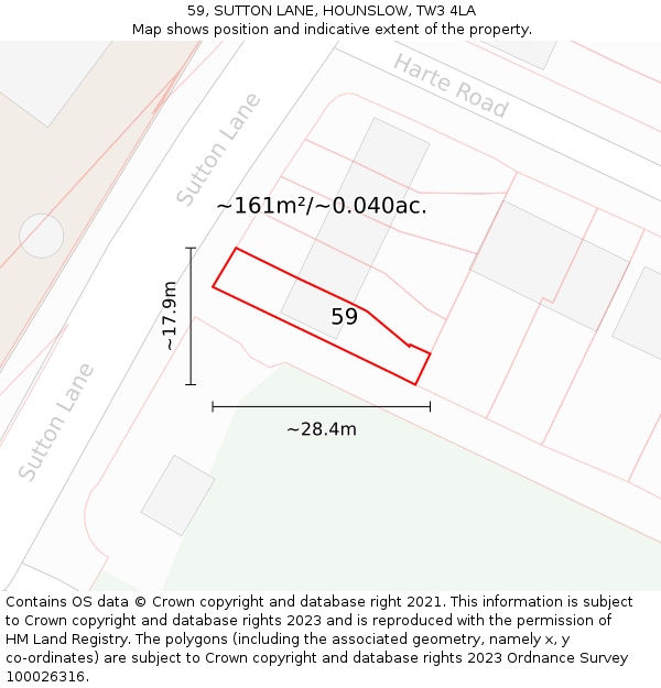 59, SUTTON LANE, HOUNSLOW, TW3 4LA: Plot and title map
