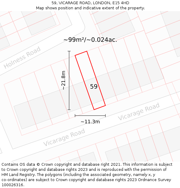 59, VICARAGE ROAD, LONDON, E15 4HD: Plot and title map