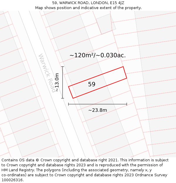 59, WARWICK ROAD, LONDON, E15 4JZ: Plot and title map