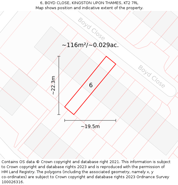 6, BOYD CLOSE, KINGSTON UPON THAMES, KT2 7RL: Plot and title map