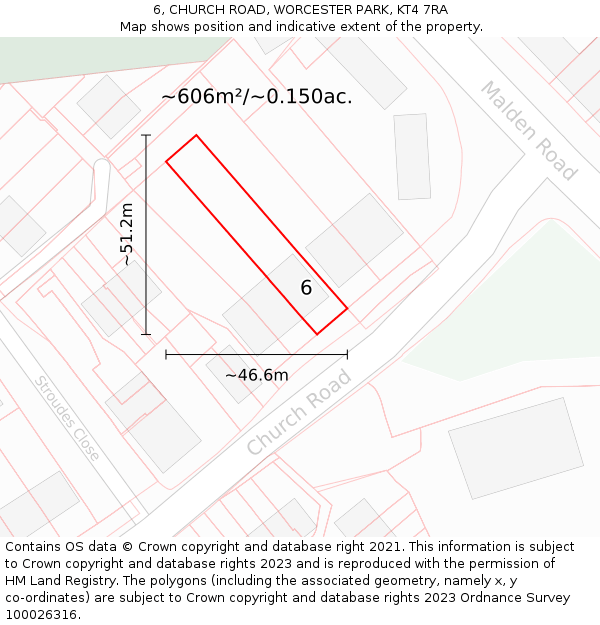 6, CHURCH ROAD, WORCESTER PARK, KT4 7RA: Plot and title map