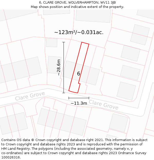 6, CLARE GROVE, WOLVERHAMPTON, WV11 3JB: Plot and title map
