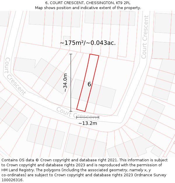 6, COURT CRESCENT, CHESSINGTON, KT9 2PL: Plot and title map