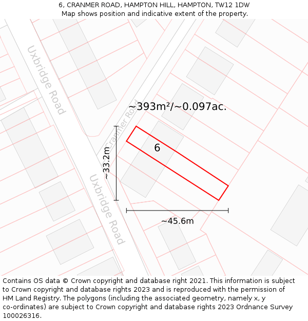 6, CRANMER ROAD, HAMPTON HILL, HAMPTON, TW12 1DW: Plot and title map