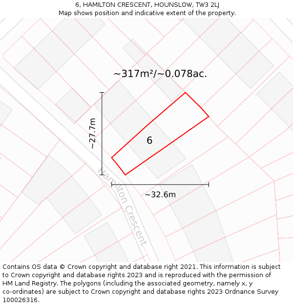 6, HAMILTON CRESCENT, HOUNSLOW, TW3 2LJ: Plot and title map