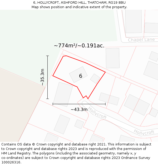 6, HOLLYCROFT, ASHFORD HILL, THATCHAM, RG19 8BU: Plot and title map
