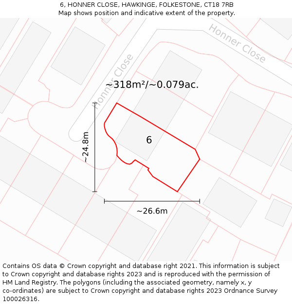 6, HONNER CLOSE, HAWKINGE, FOLKESTONE, CT18 7RB: Plot and title map