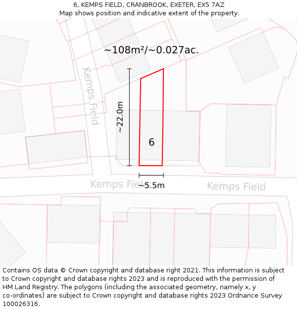 6, KEMPS FIELD, CRANBROOK, EXETER, EX5 7AZ: Plot and title map