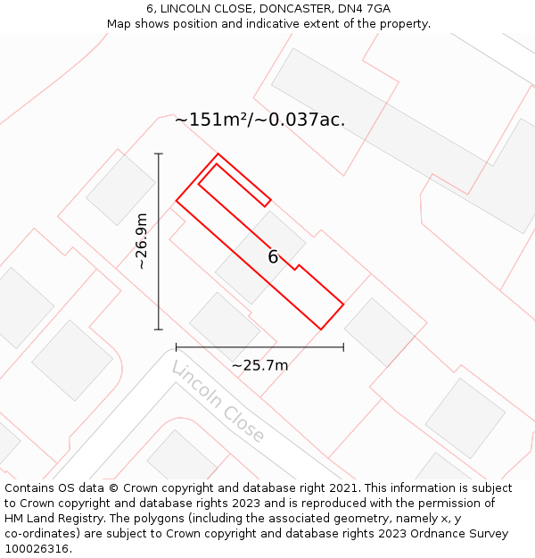 6, LINCOLN CLOSE, DONCASTER, DN4 7GA: Plot and title map