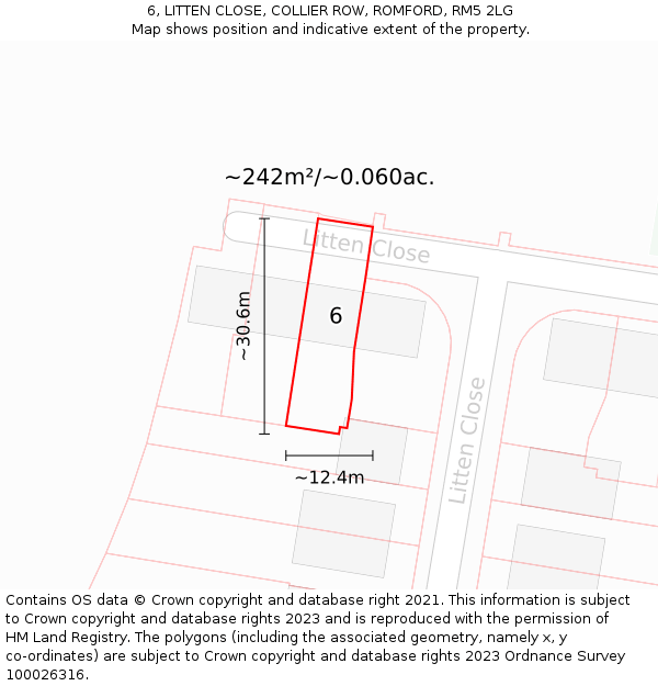 6, LITTEN CLOSE, COLLIER ROW, ROMFORD, RM5 2LG: Plot and title map
