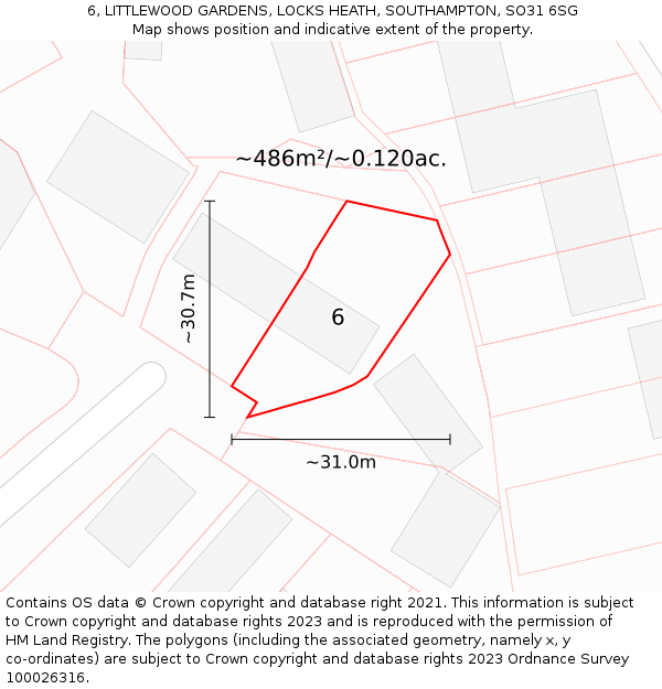 6, LITTLEWOOD GARDENS, LOCKS HEATH, SOUTHAMPTON, SO31 6SG: Plot and title map