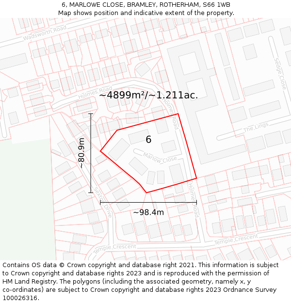 6, MARLOWE CLOSE, BRAMLEY, ROTHERHAM, S66 1WB: Plot and title map