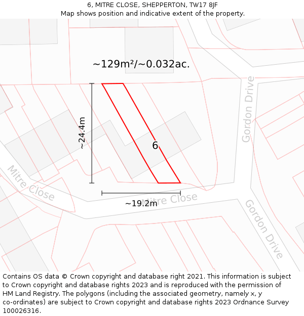 6, MITRE CLOSE, SHEPPERTON, TW17 8JF: Plot and title map