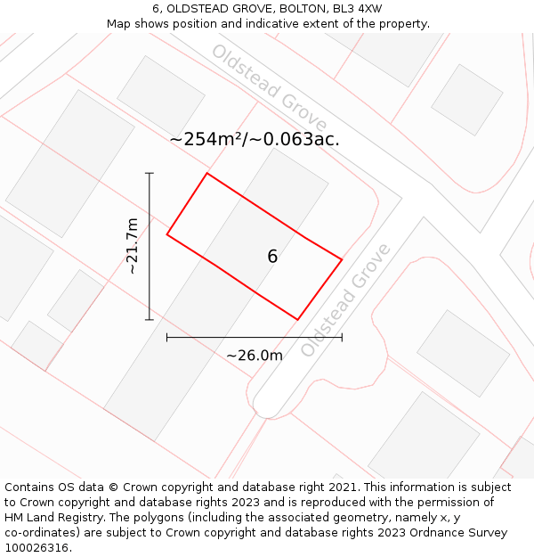 6, OLDSTEAD GROVE, BOLTON, BL3 4XW: Plot and title map